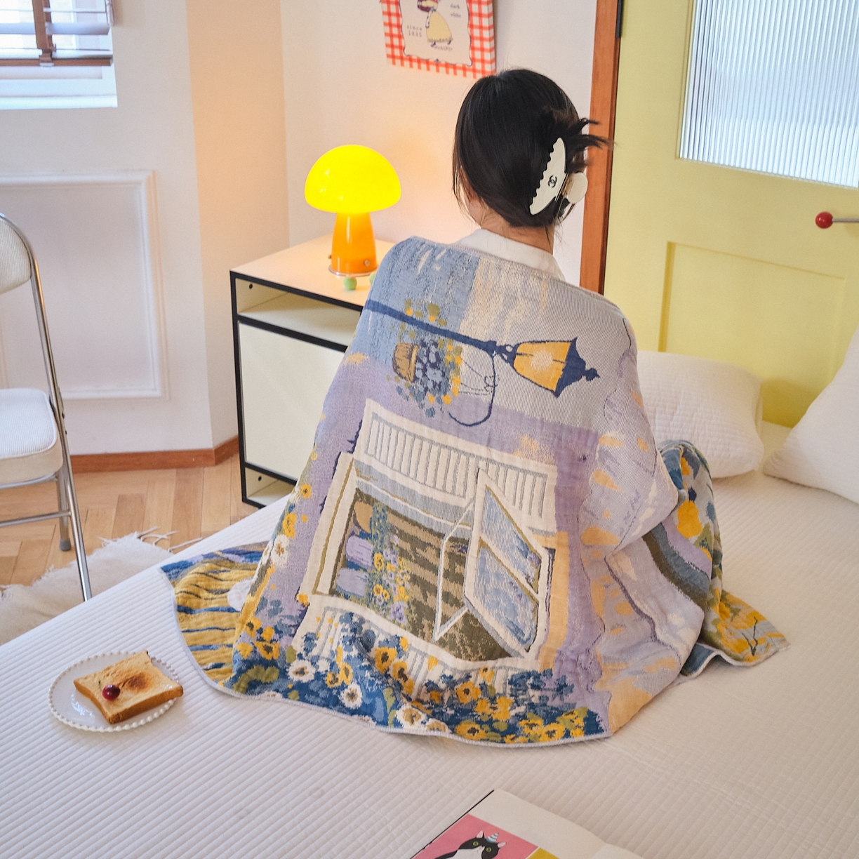 91家纺网 家纺一手货源 找家纺 沐瑟家纺 2025新款卡通A类全棉四层纱布浴巾加大毛巾-第四组 午睡时光 150*75cm