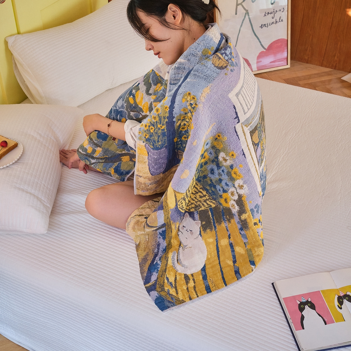 91家纺网 家纺一手货源 找家纺 沐瑟家纺 2025新款卡通A类全棉四层纱布浴巾加大毛巾-第四组 午睡时光 150*75cm