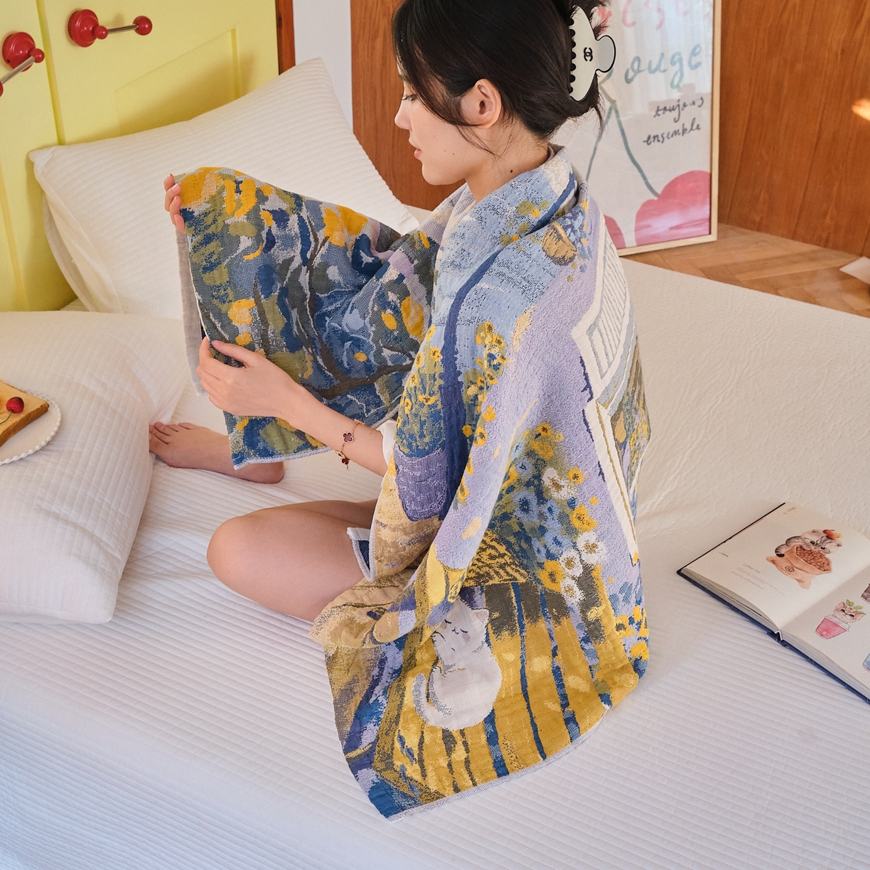 91家纺网 家纺一手货源 找家纺 沐瑟家纺 2025新款卡通A类全棉四层纱布浴巾加大毛巾-第四组 午睡时光 150*75cm