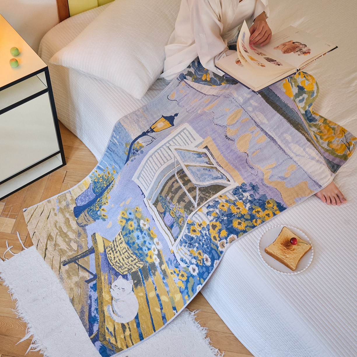 91家纺网 家纺一手货源 找家纺 沐瑟家纺 2025新款卡通A类全棉四层纱布浴巾加大毛巾-第四组 午睡时光 150*75cm