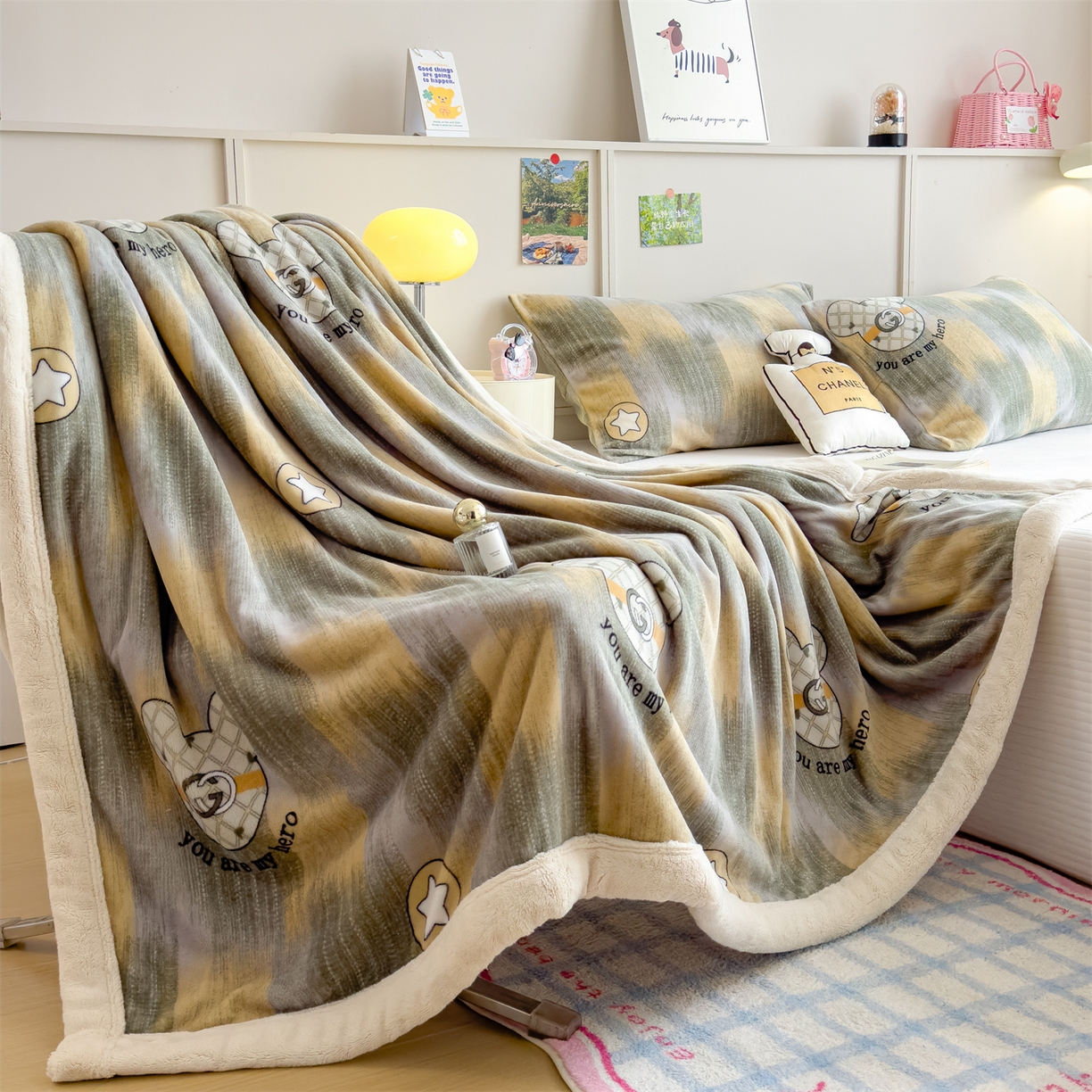 91家纺网 家纺一手货源 找家纺 慕木家纺 2025新款高克重印花牛奶绒云锦绒双层毛毯毛毯毯子（可供跨境提供买家秀） 双层毛毯-乔治奇缘+白