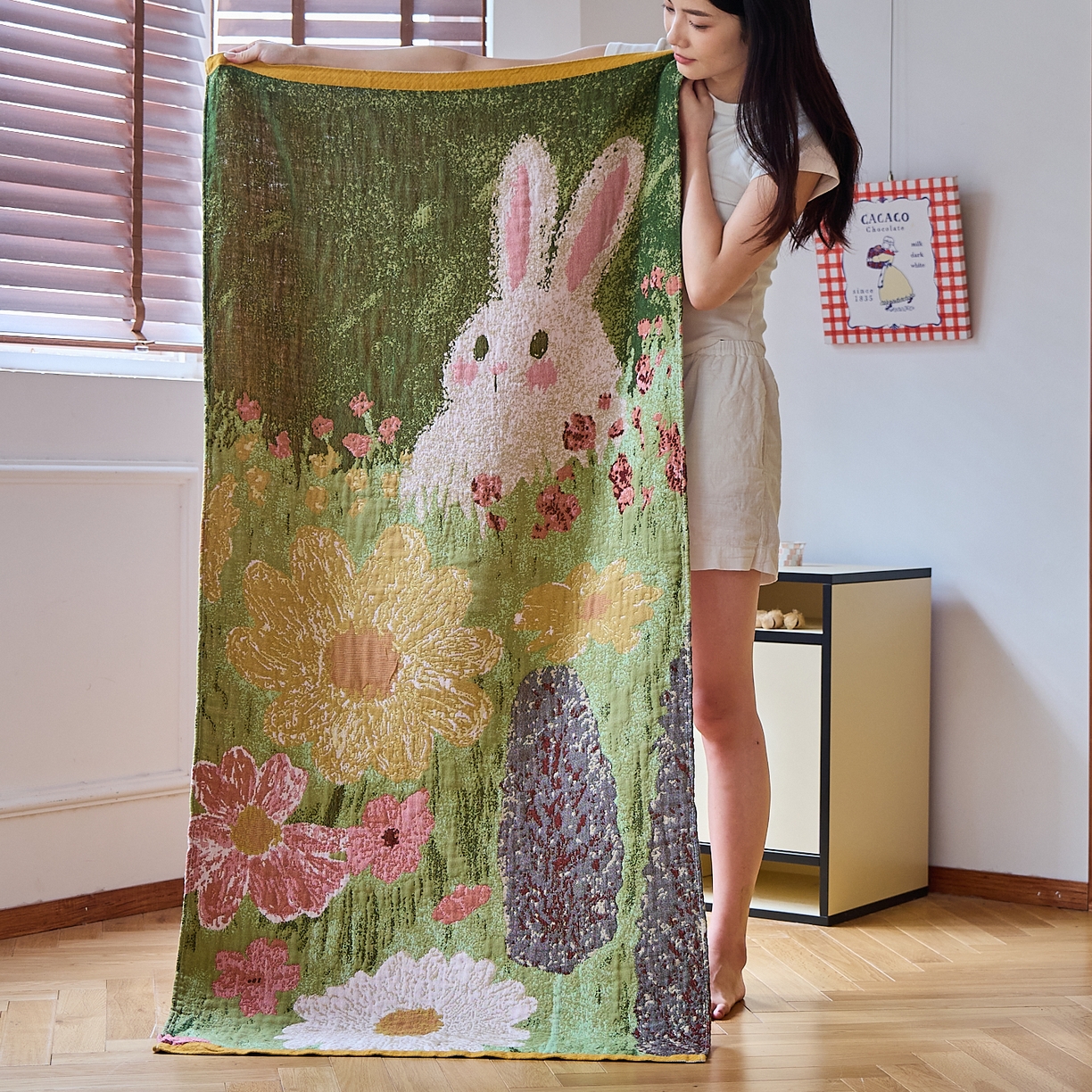 沐瑟家纺 2025新款卡通A类全棉四层纱布浴巾加大毛巾-第四组 小白兔 150*75cm