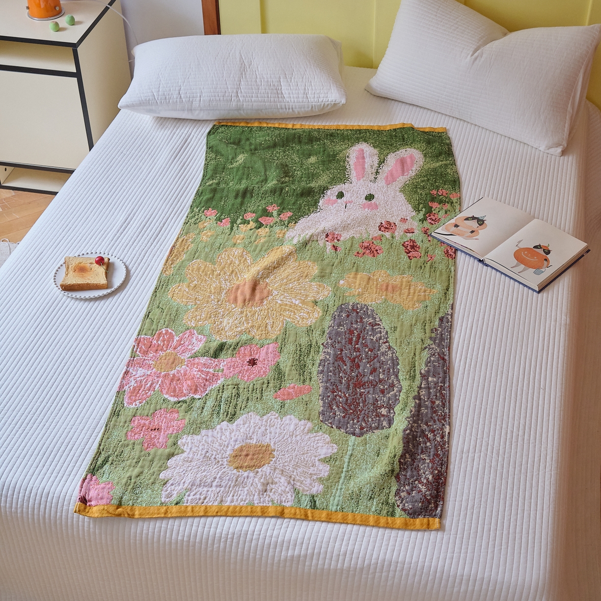 91家纺网 家纺一手货源 找家纺 沐瑟家纺 2025新款卡通A类全棉四层纱布浴巾加大毛巾-第四组 小白兔 150*75cm