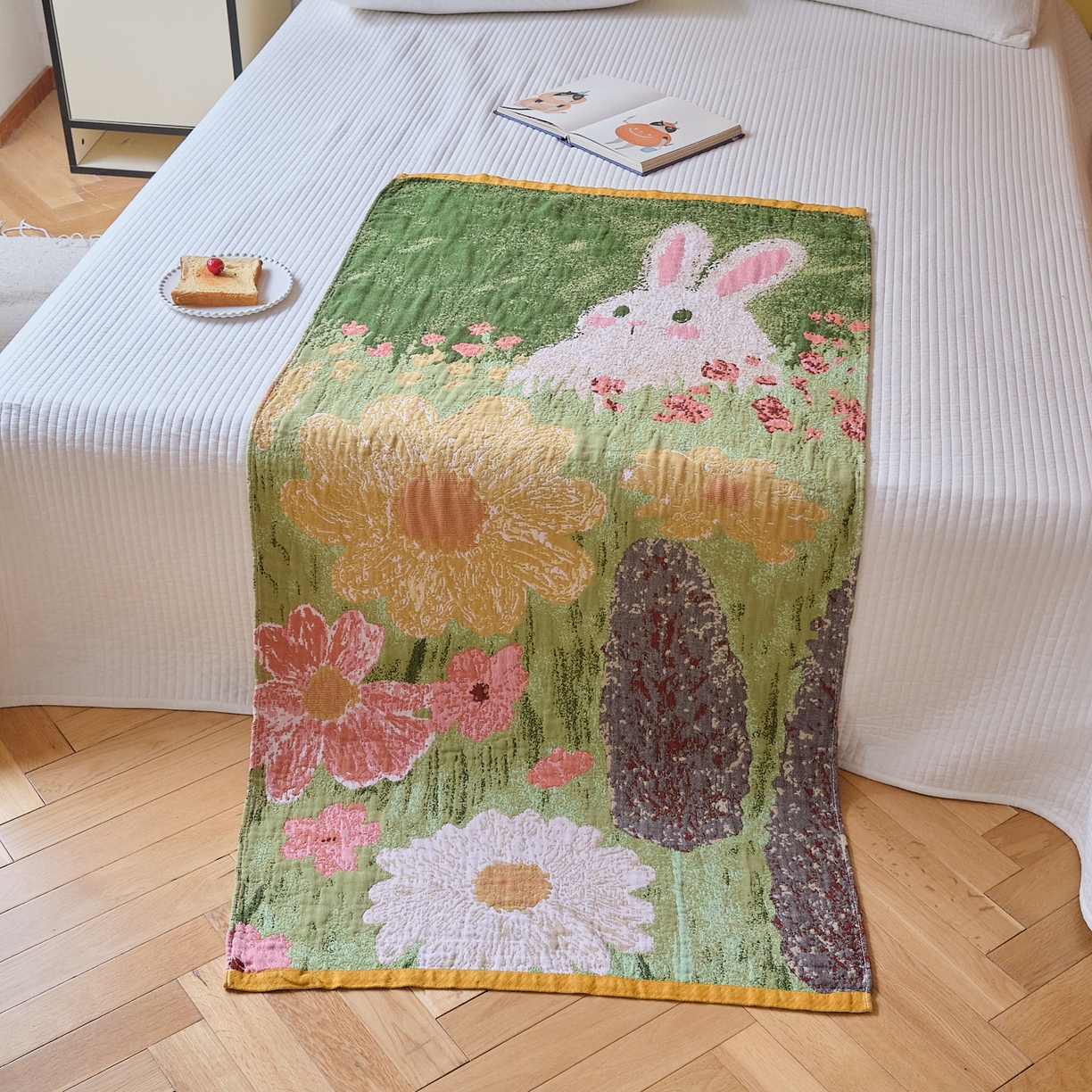 91家纺网 家纺一手货源 找家纺 沐瑟家纺 2025新款卡通A类全棉四层纱布浴巾加大毛巾-第四组 小白兔 150*75cm