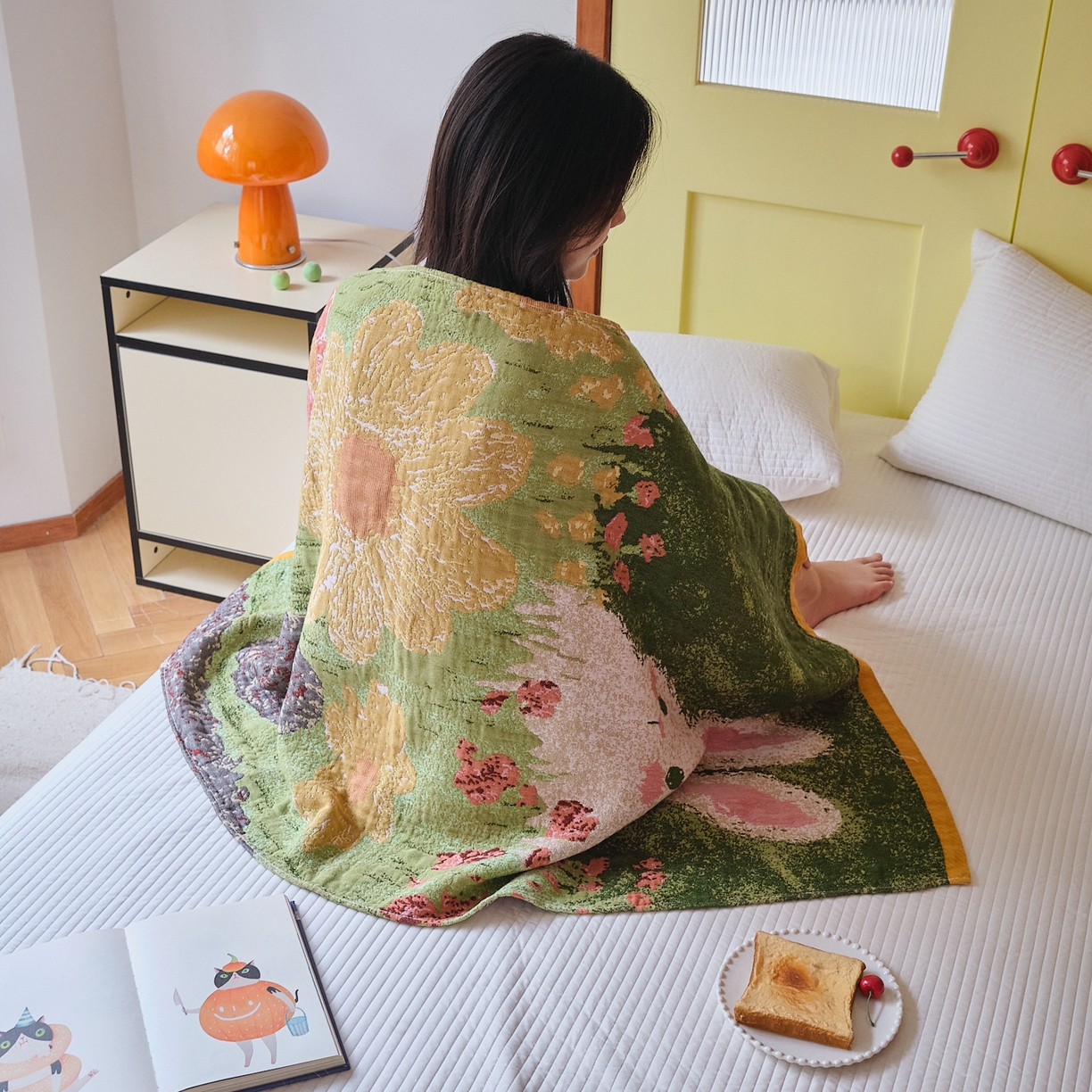 91家纺网 家纺一手货源 找家纺 沐瑟家纺 2025新款卡通A类全棉四层纱布浴巾加大毛巾-第四组 小白兔 150*75cm