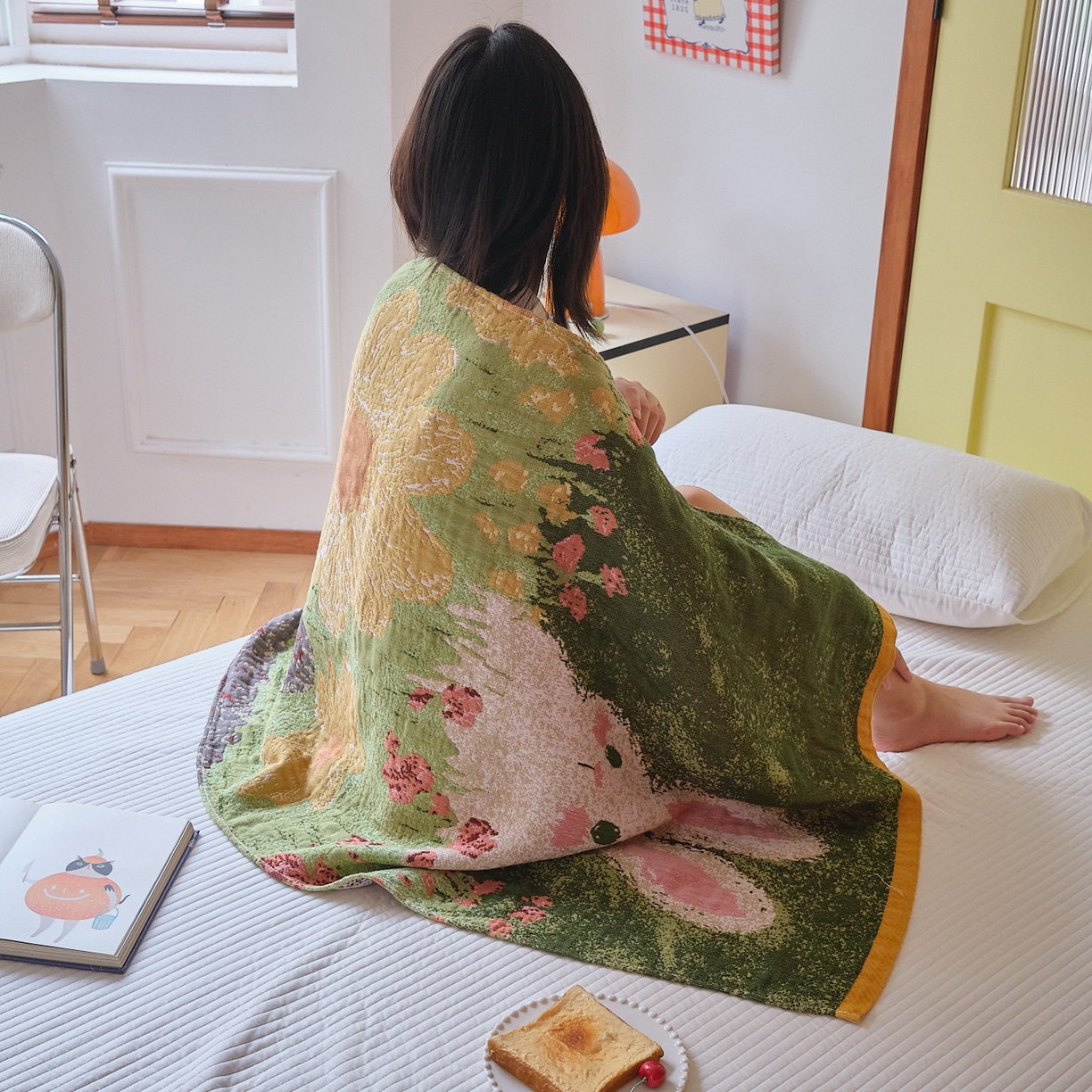 91家纺网 家纺一手货源 找家纺 沐瑟家纺 2025新款卡通A类全棉四层纱布浴巾加大毛巾-第四组 小白兔 150*75cm