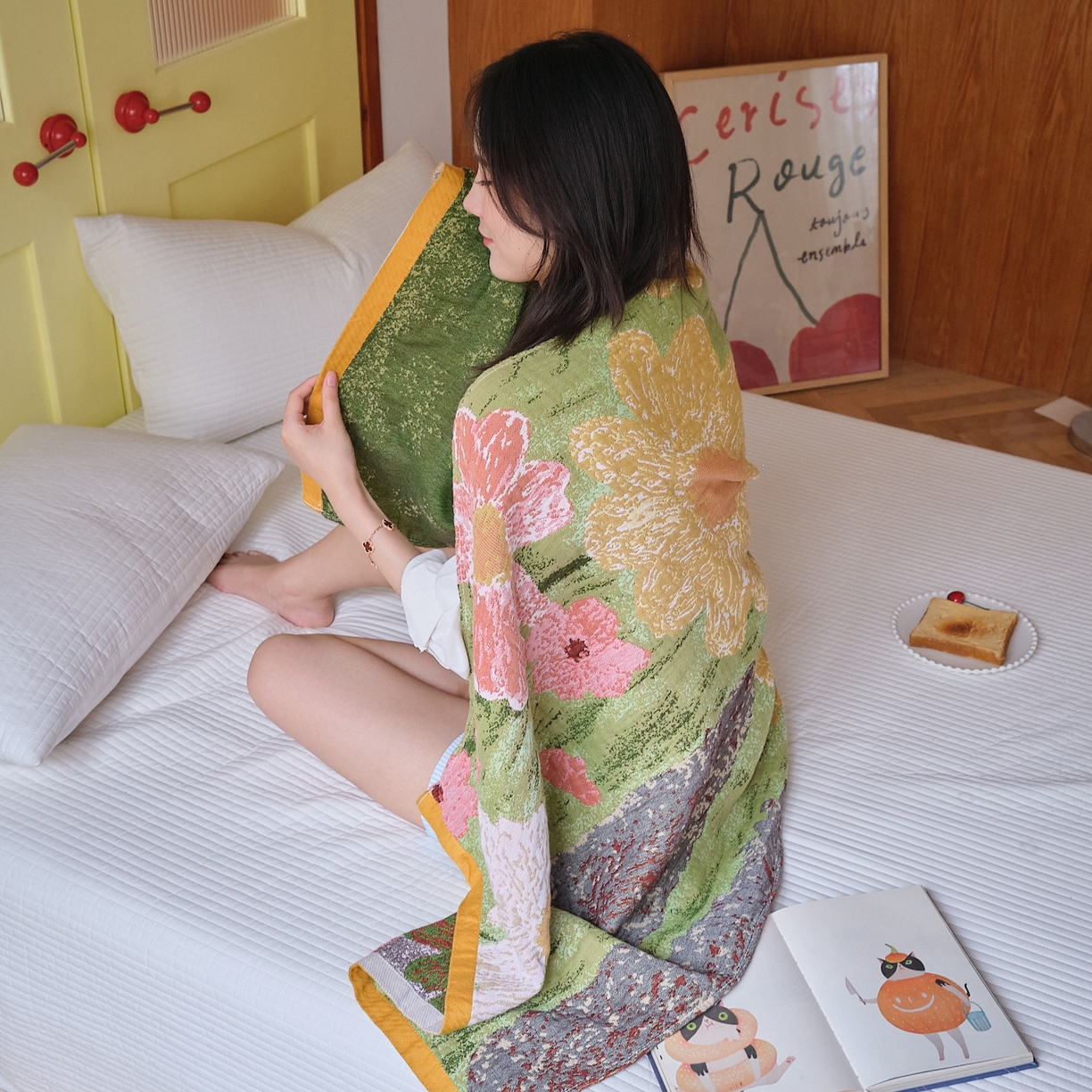 91家纺网 家纺一手货源 找家纺 沐瑟家纺 2025新款卡通A类全棉四层纱布浴巾加大毛巾-第四组 小白兔 150*75cm