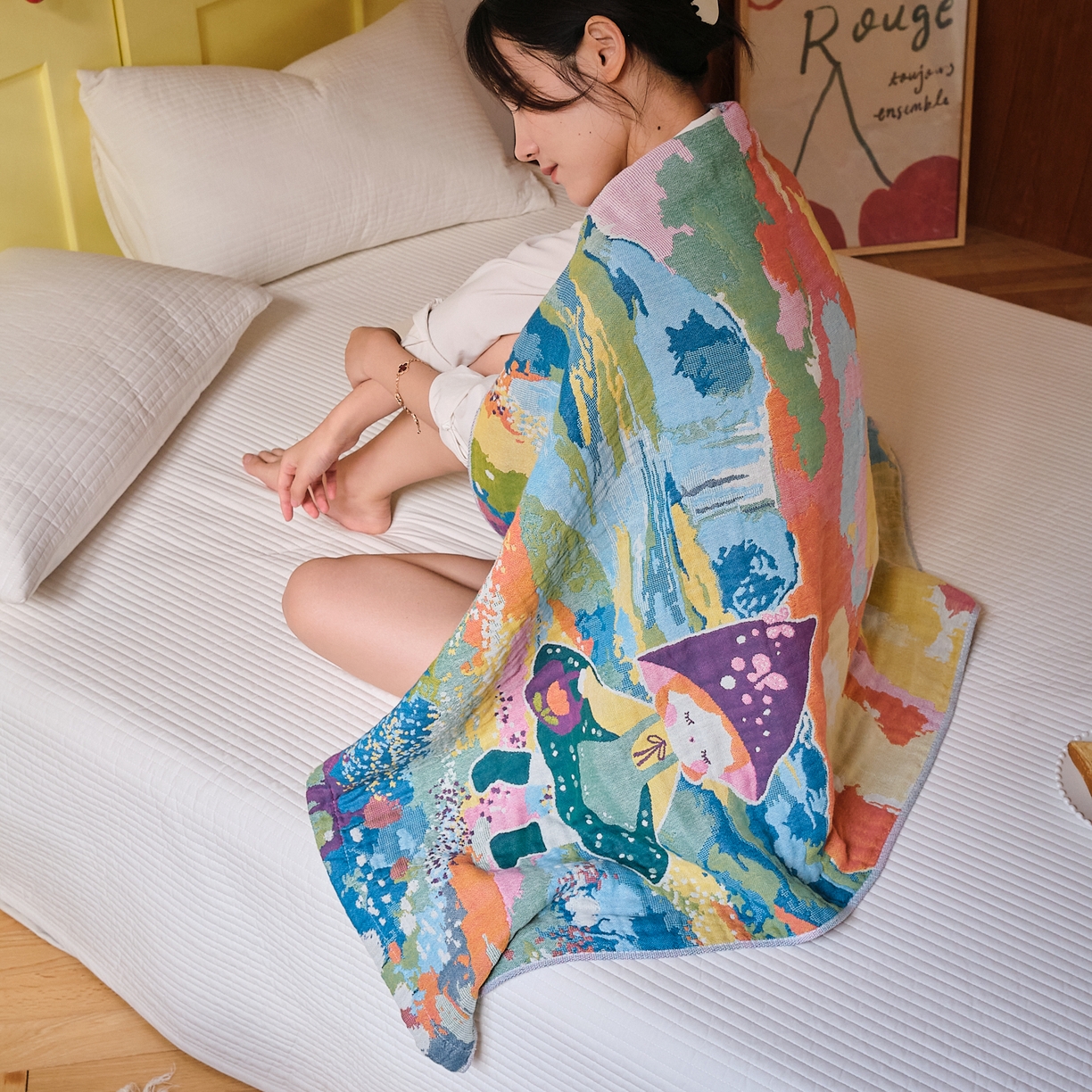 91家纺网 家纺一手货源 找家纺 沐瑟家纺 2025新款卡通A类全棉四层纱布浴巾加大毛巾-第四组 小红帽 150*75cm