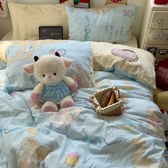 91家纺网 家纺一手货源 找家纺 原素 2025秋冬A类水洗棉+200克牛奶绒四件套 奶芙猫猫-绒