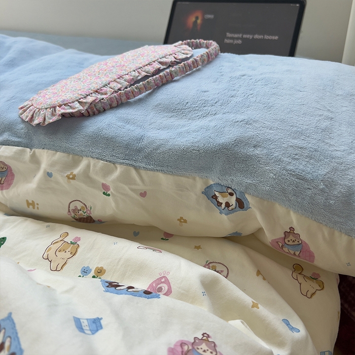 91家纺网 家纺一手货源 找家纺 原素 2025秋冬A类水洗棉+200克牛奶绒四件套 喵喵家族-绒