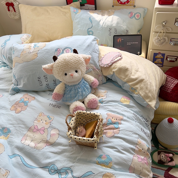 91家纺网 家纺一手货源 找家纺 原素 2025秋冬A类水洗棉+200克牛奶绒四件套 奶芙猫猫-绒