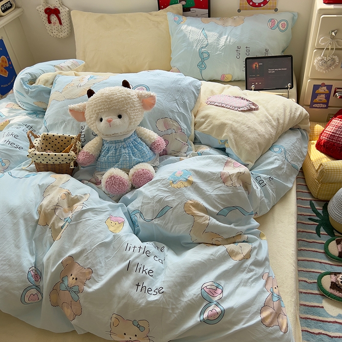 91家纺网 家纺一手货源 找家纺 原素 2025秋冬A类水洗棉+200克牛奶绒四件套 奶芙猫猫-绒