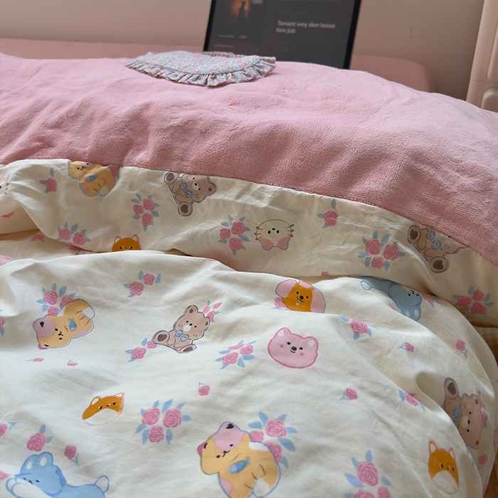 91家纺网 家纺一手货源 找家纺 原素 2025秋冬A类水洗棉+200克牛奶绒四件套 萌宠喵喵-绒