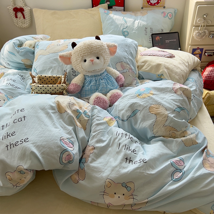 91家纺网 家纺一手货源 找家纺 原素 2025秋冬A类水洗棉+200克牛奶绒四件套 奶芙猫猫-绒