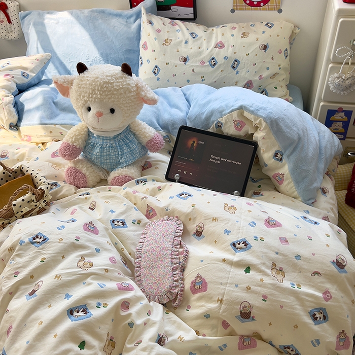 91家纺网 家纺一手货源 找家纺 原素 2025秋冬A类水洗棉+200克牛奶绒四件套 喵喵家族-绒