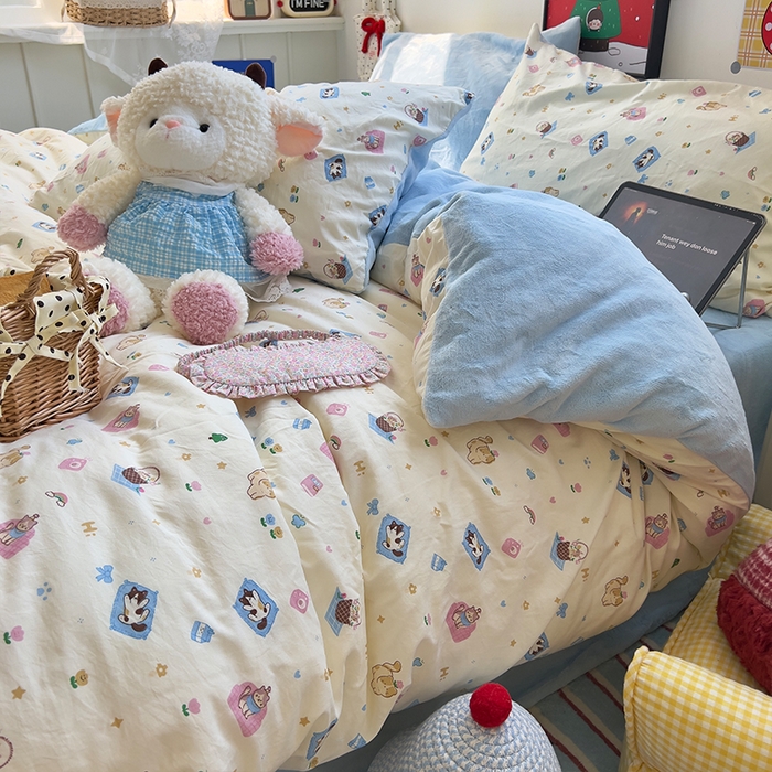 原素 2025秋冬A类水洗棉+200克牛奶绒四件套 喵喵家族-绒