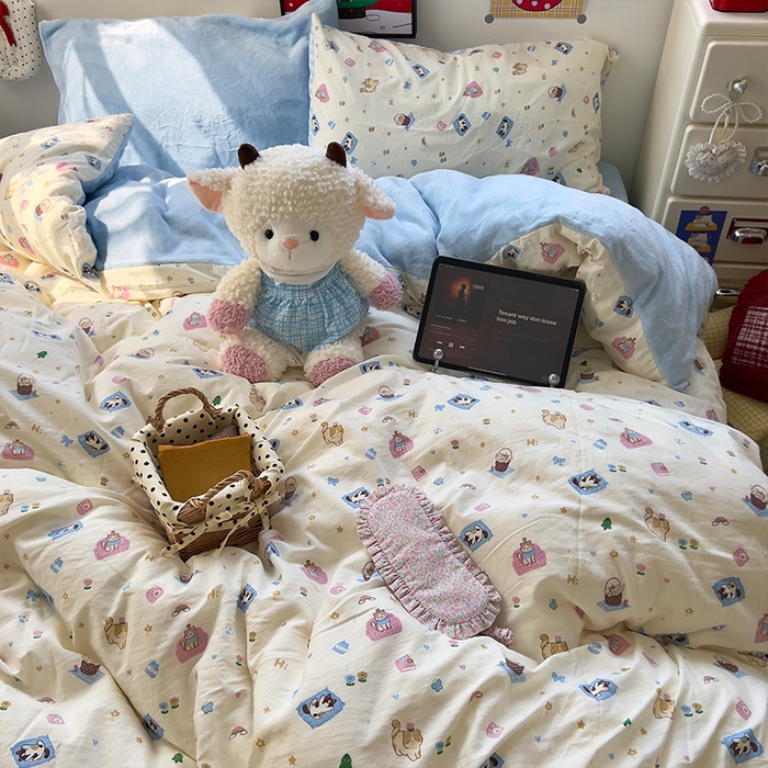 91家纺网 家纺一手货源 找家纺 原素 2025秋冬A类水洗棉+200克牛奶绒四件套 喵喵家族-绒