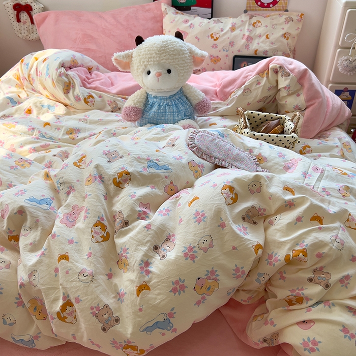 91家纺网 家纺一手货源 找家纺 原素 2025秋冬A类水洗棉+200克牛奶绒四件套 萌宠喵喵-绒