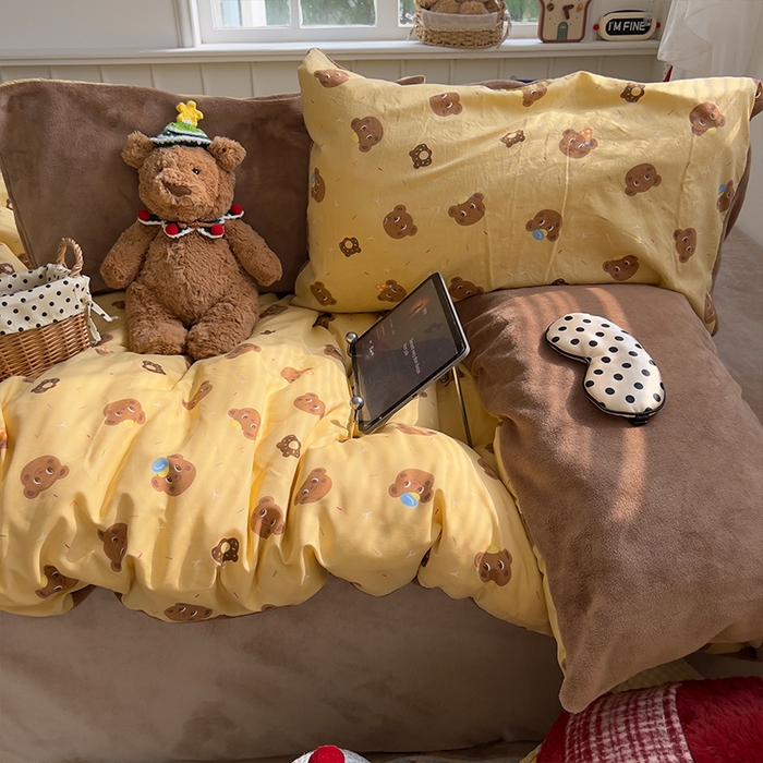 91家纺网 家纺一手货源 找家纺 原素 2025秋冬A类水洗棉+200克牛奶绒四件套 巧克力小熊-绒