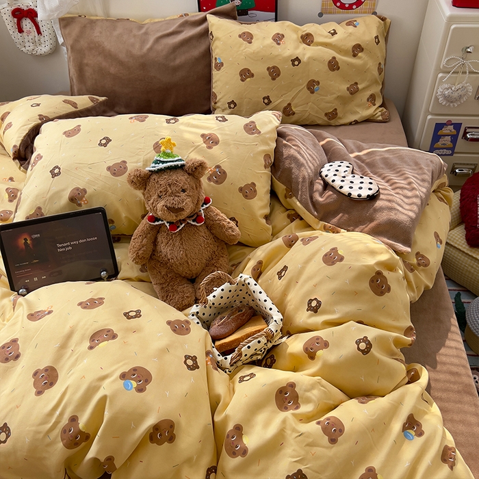 91家纺网 家纺一手货源 找家纺 原素 2025秋冬A类水洗棉+200克牛奶绒四件套 巧克力小熊-绒