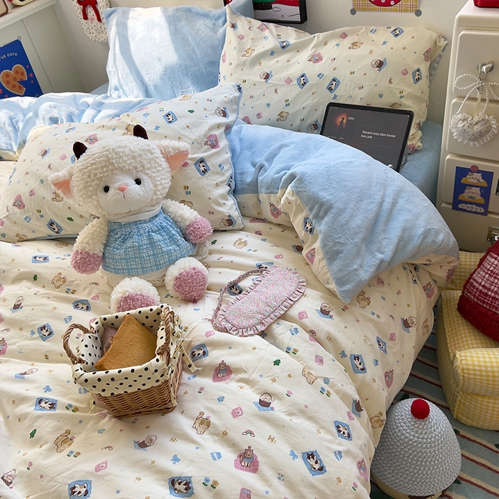 91家纺网 家纺一手货源 找家纺 原素 2025秋冬A类水洗棉+200克牛奶绒四件套 喵喵家族-绒