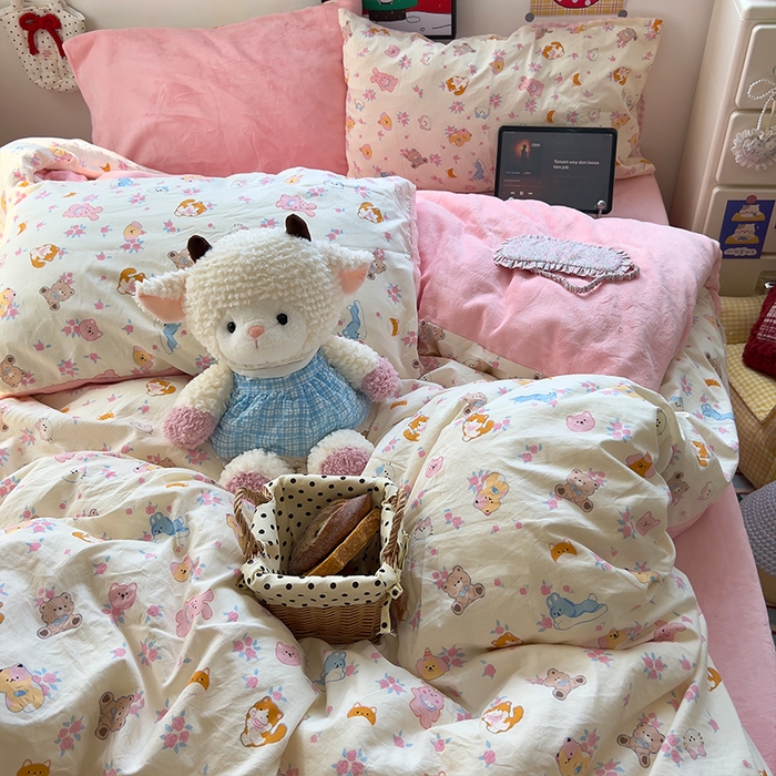 91家纺网 家纺一手货源 找家纺 原素 2025秋冬A类水洗棉+200克牛奶绒四件套 萌宠喵喵-绒