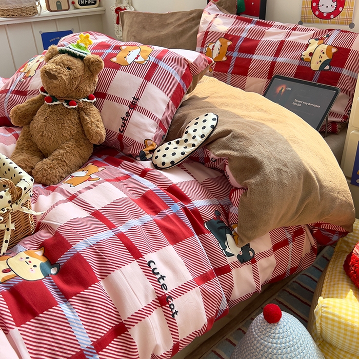 原素 2025秋冬A类水洗棉+200克牛奶绒四件套 红格喵喵-绒