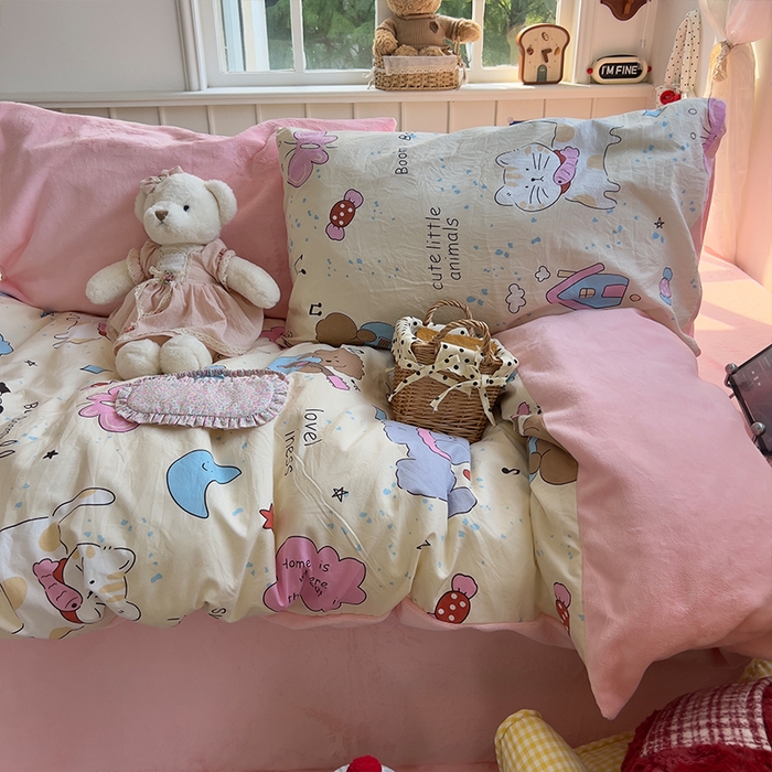 91家纺网 家纺一手货源 找家纺 原素 2025秋冬A类水洗棉+200克牛奶绒四件套 动物音乐会-绒