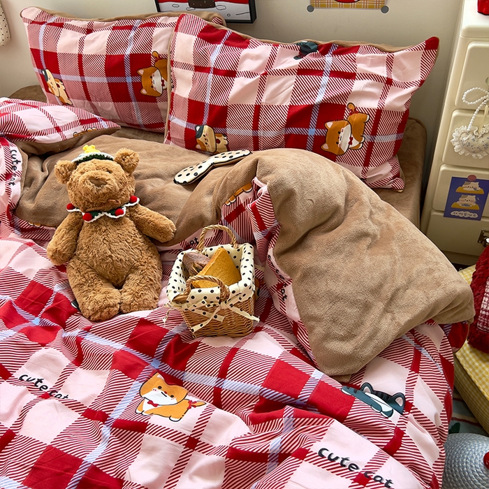 91家纺网 家纺一手货源 找家纺 原素 2025秋冬A类水洗棉+200克牛奶绒四件套 红格喵喵-绒