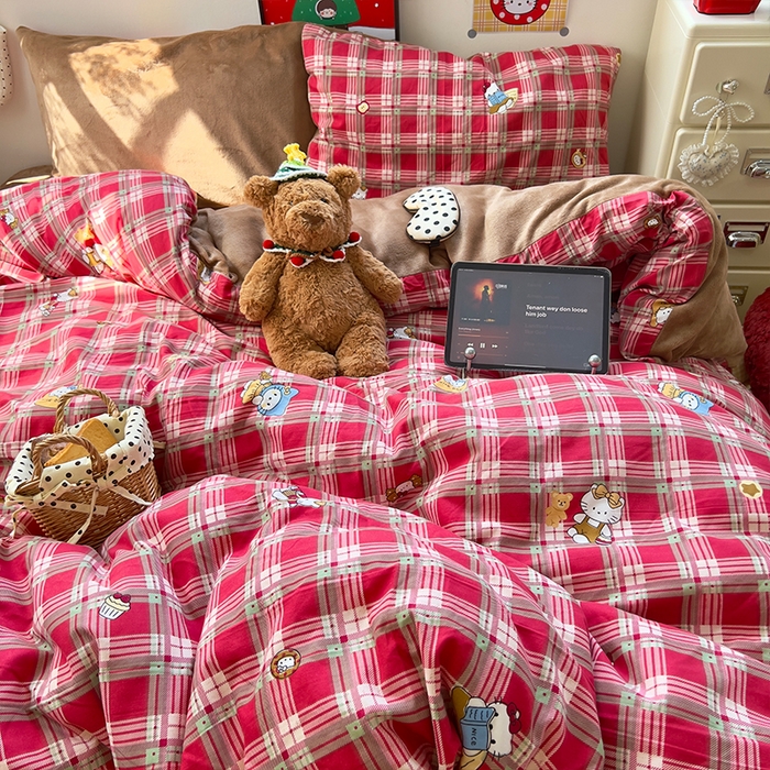 91家纺网 家纺一手货源 找家纺 原素 2025秋冬A类水洗棉+200克牛奶绒四件套 红格KT酱-绒