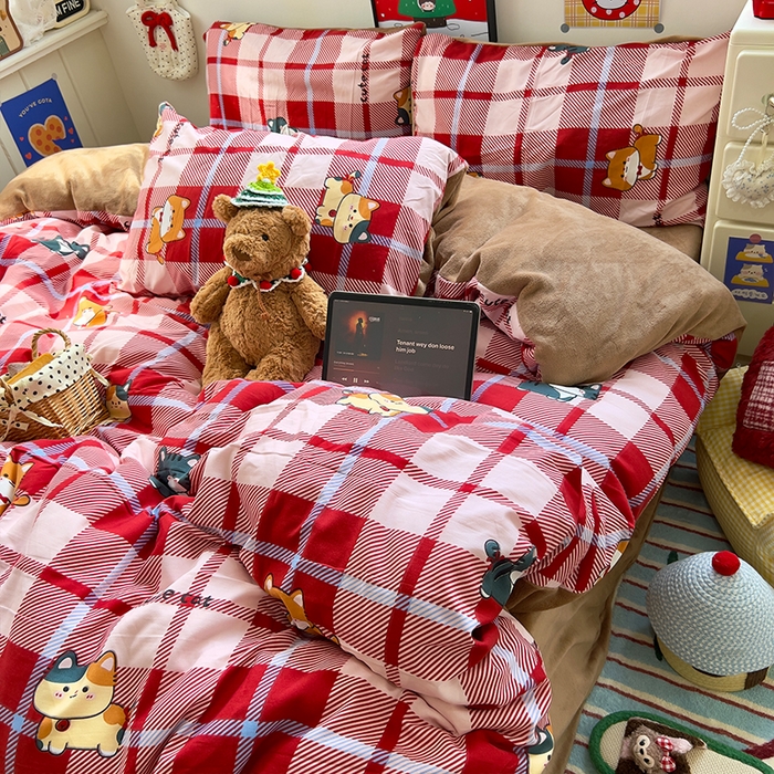 91家纺网 家纺一手货源 找家纺 原素 2025秋冬A类水洗棉+200克牛奶绒四件套 红格喵喵-绒