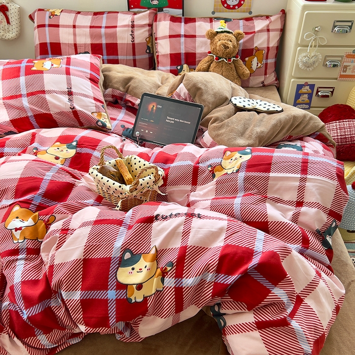 91家纺网 家纺一手货源 找家纺 原素 2025秋冬A类水洗棉+200克牛奶绒四件套 红格喵喵-绒