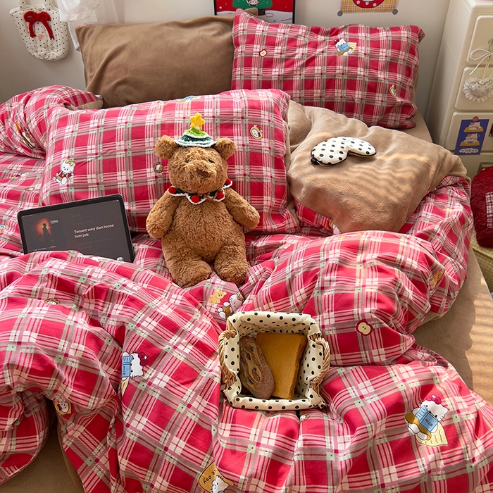 91家纺网 家纺一手货源 找家纺 原素 2025秋冬A类水洗棉+200克牛奶绒四件套 红格KT酱-绒