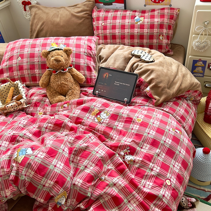 91家纺网 家纺一手货源 找家纺 原素 2025秋冬A类水洗棉+200克牛奶绒四件套 红格KT酱-绒