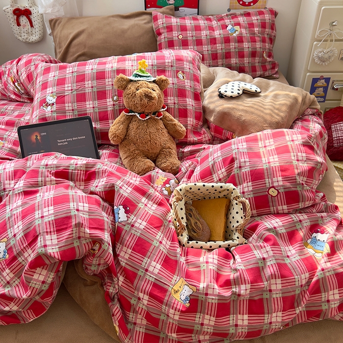 91家纺网 家纺一手货源 找家纺 原素 2025秋冬A类水洗棉+200克牛奶绒四件套 红格KT酱-绒