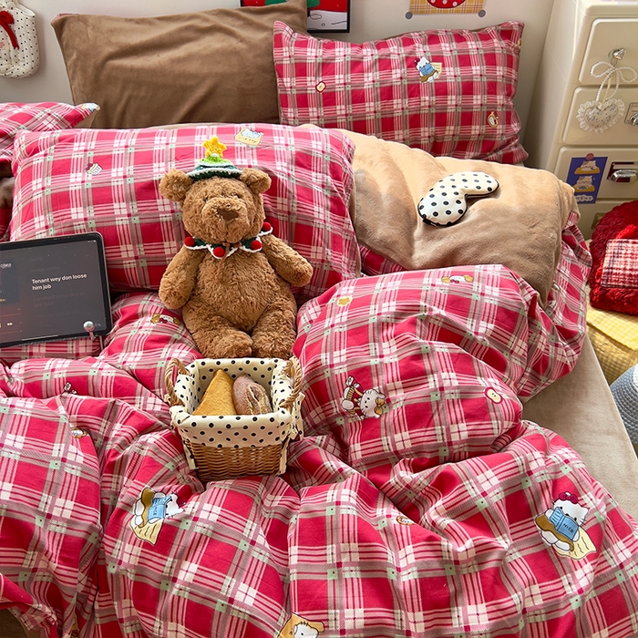 91家纺网 家纺一手货源 找家纺 原素 2025秋冬A类水洗棉+200克牛奶绒四件套 红格KT酱-绒