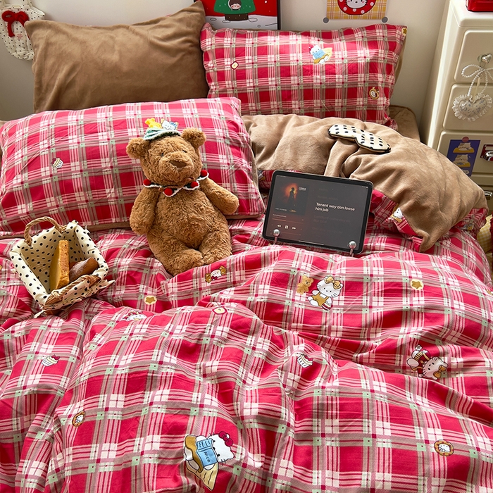 91家纺网 家纺一手货源 找家纺 原素 2025秋冬A类水洗棉+200克牛奶绒四件套 红格KT酱-绒