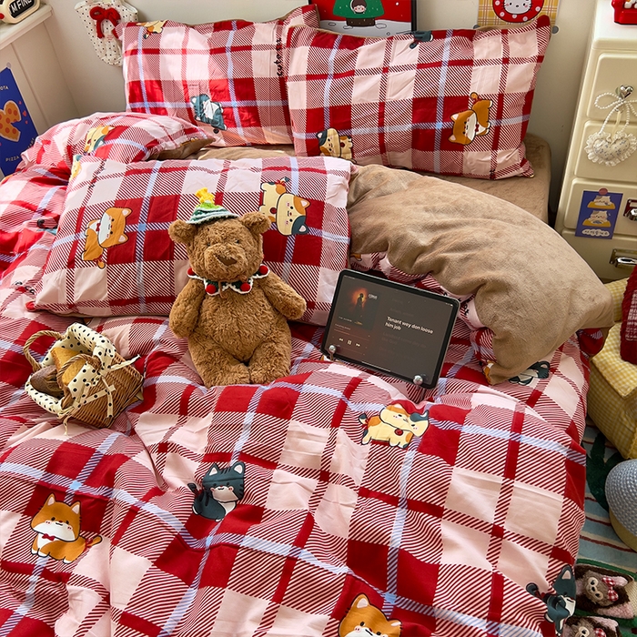 91家纺网 家纺一手货源 找家纺 原素 2025秋冬A类水洗棉+200克牛奶绒四件套 红格喵喵-绒