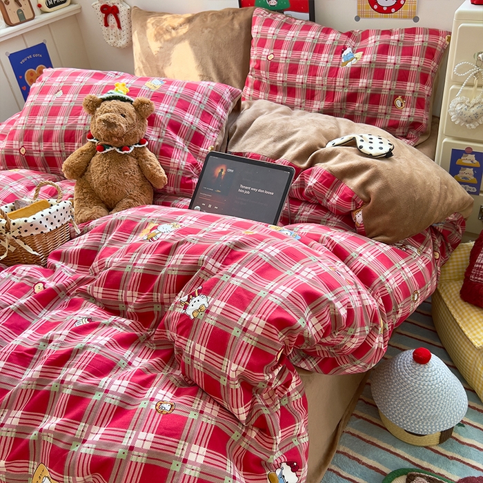 91家纺网 家纺一手货源 找家纺 原素 2025秋冬A类水洗棉+200克牛奶绒四件套 红格KT酱-绒