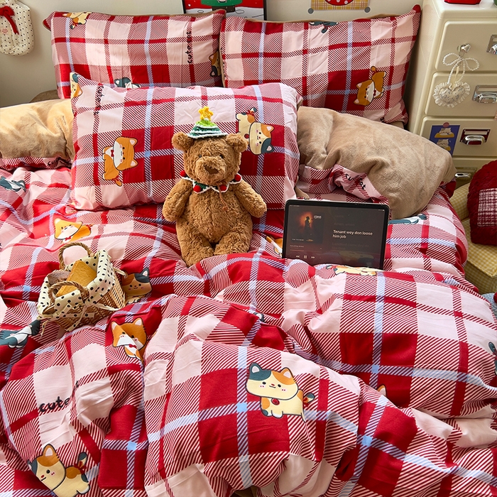 91家纺网 家纺一手货源 找家纺 原素 2025秋冬A类水洗棉+200克牛奶绒四件套 红格喵喵-绒