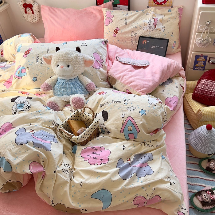 91家纺网 家纺一手货源 找家纺 原素 2025秋冬A类水洗棉+200克牛奶绒四件套 动物音乐会-绒