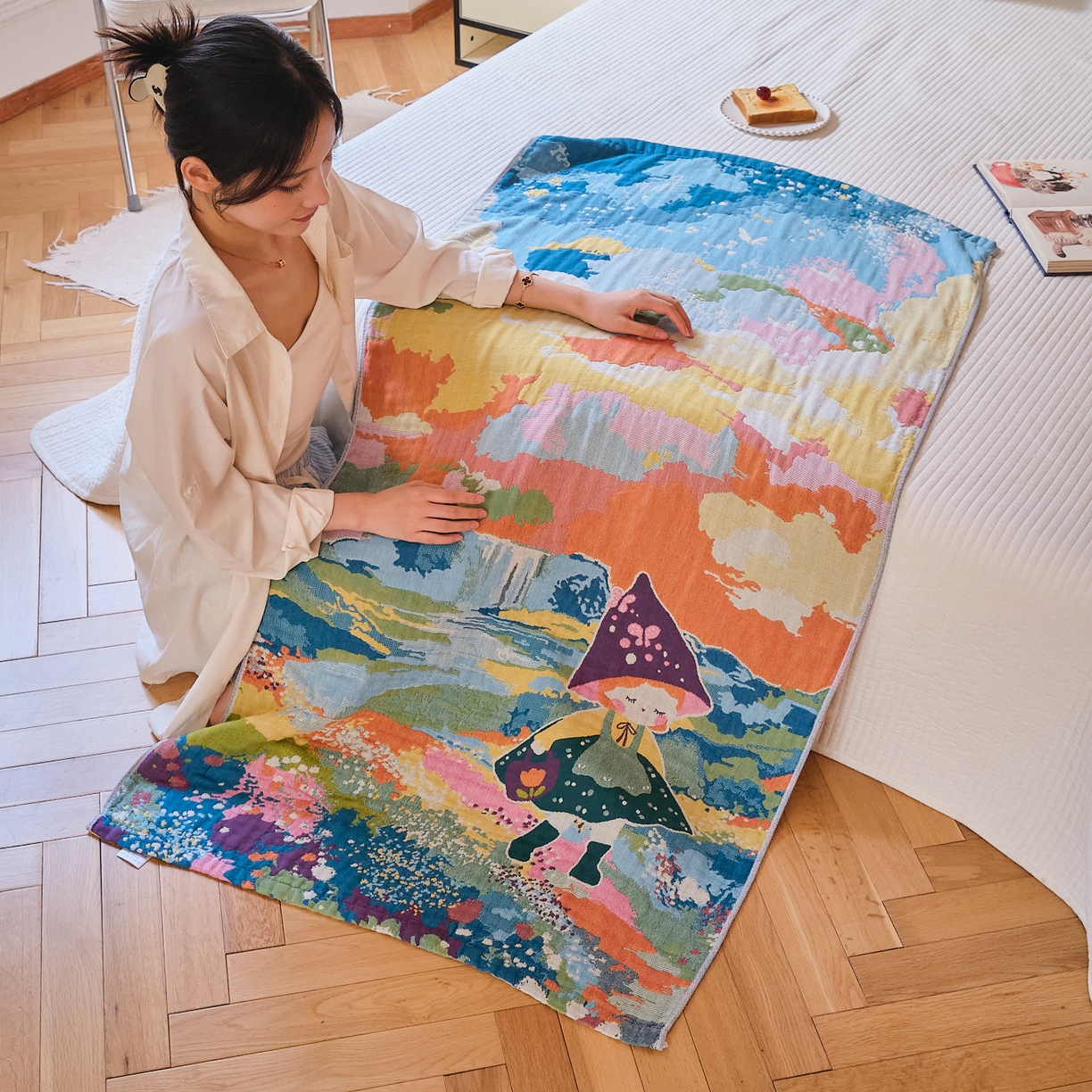 91家纺网 家纺一手货源 找家纺 沐瑟家纺 2025新款卡通A类全棉四层纱布浴巾加大毛巾-第四组 小红帽 150*75cm