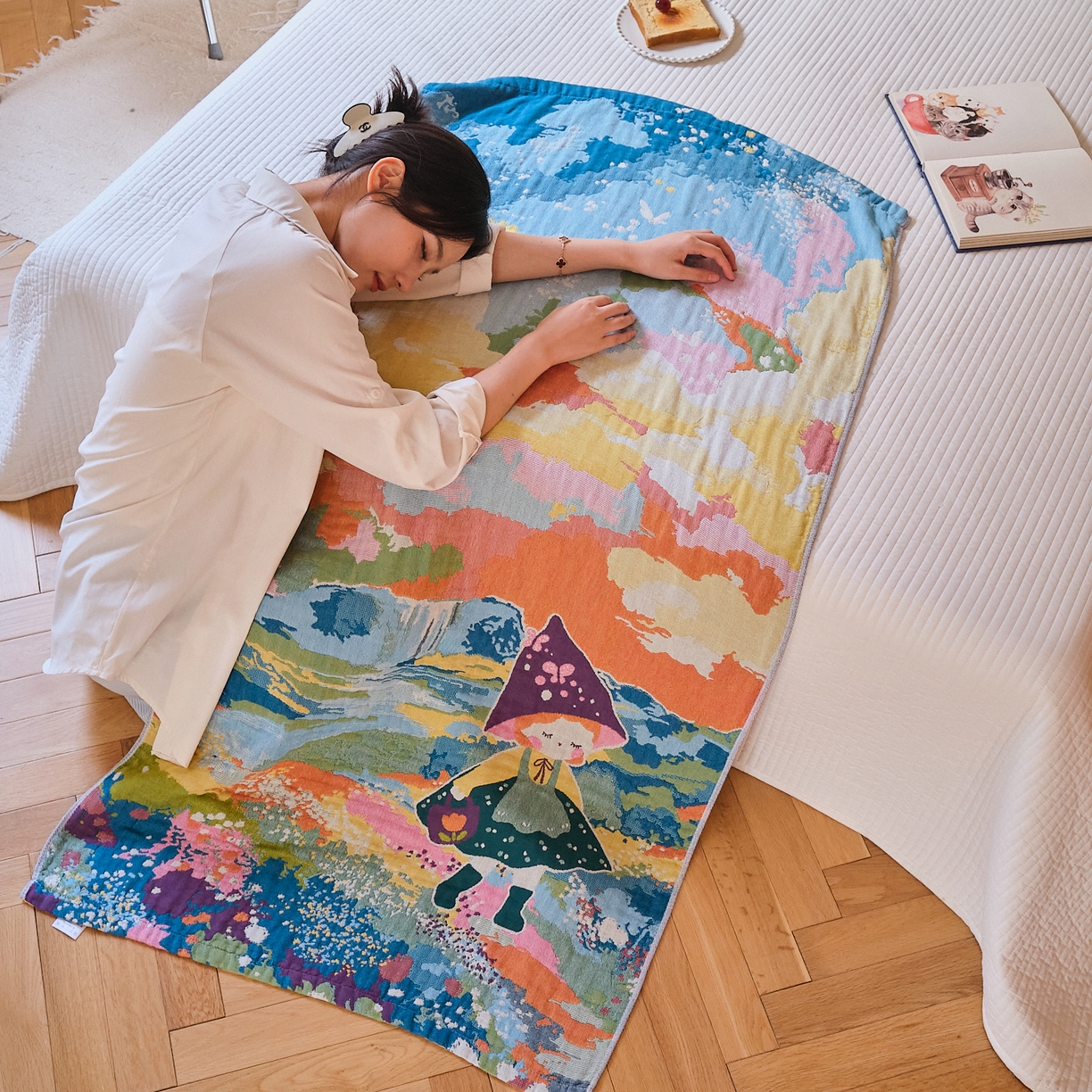 91家纺网 家纺一手货源 找家纺 沐瑟家纺 2025新款卡通A类全棉四层纱布浴巾加大毛巾-第四组 小红帽 150*75cm