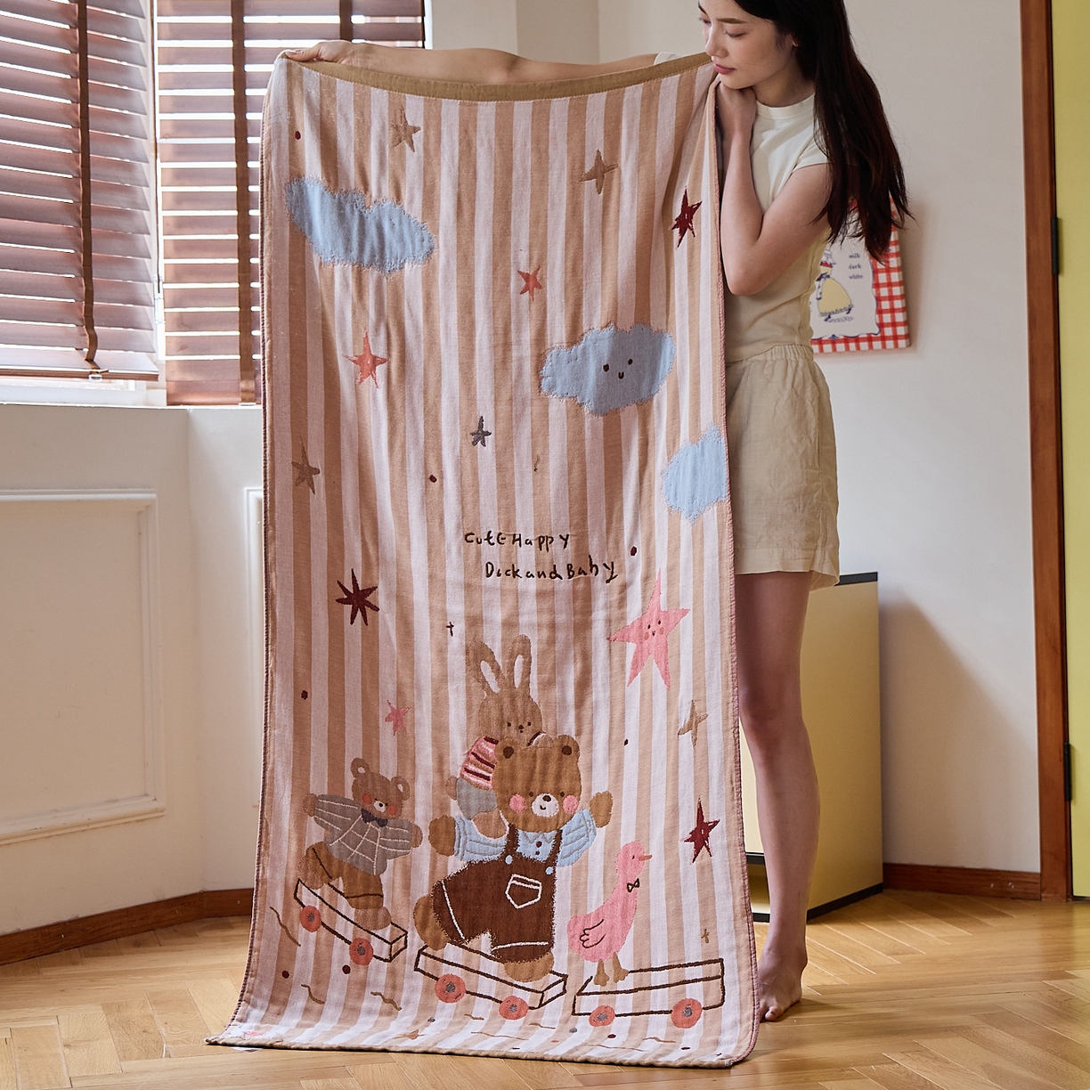 沐瑟家纺 2025新款卡通A类全棉四层纱布浴巾加大毛巾-第四组 小熊火车 150*75cm