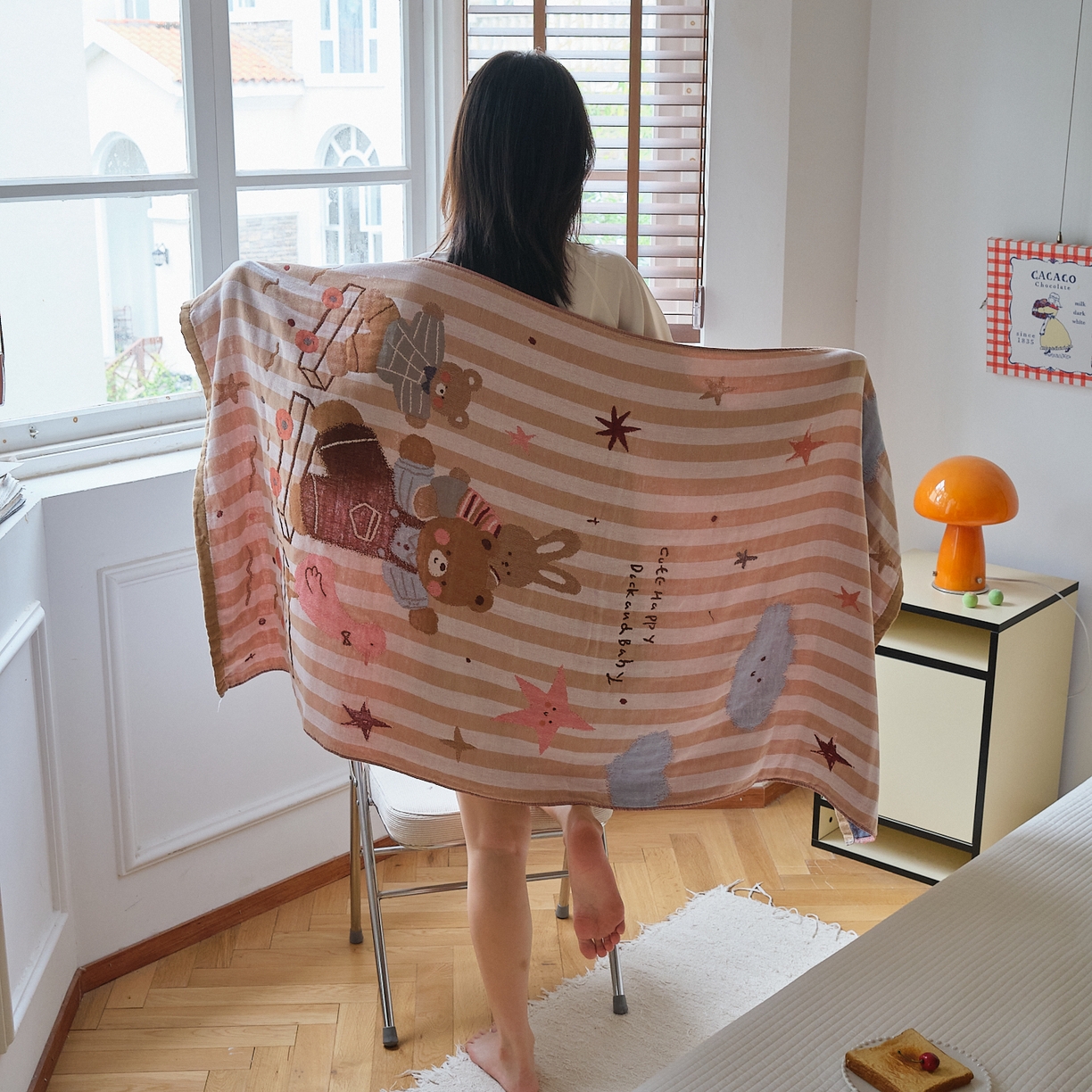 91家纺网 家纺一手货源 找家纺 沐瑟家纺 2025新款卡通A类全棉四层纱布浴巾加大毛巾-第四组 小熊火车 150*75cm