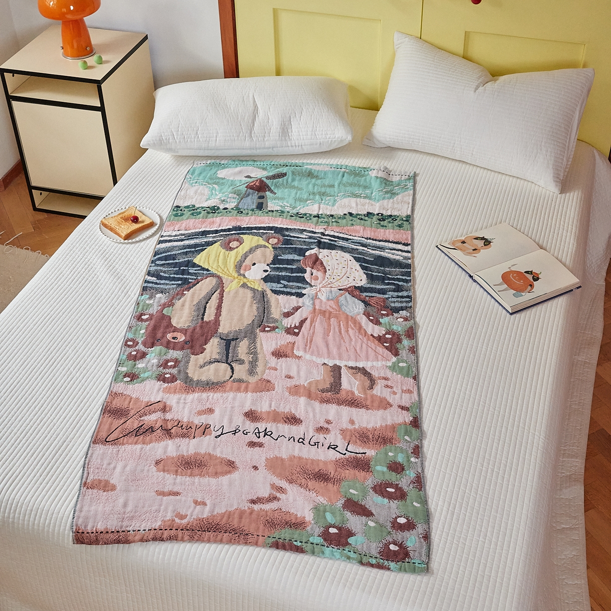 91家纺网 家纺一手货源 找家纺 沐瑟家纺 2025新款卡通A类全棉四层纱布浴巾加大毛巾-第四组 约会小熊 150*75cm