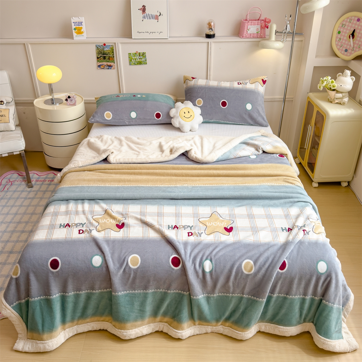 91家纺网 家纺一手货源 找家纺 慕木家纺 2025新款高克重印花牛奶绒云锦绒双层毛毯毛毯毯子（可供跨境提供买家秀） 双层毛毯-快乐时光+白