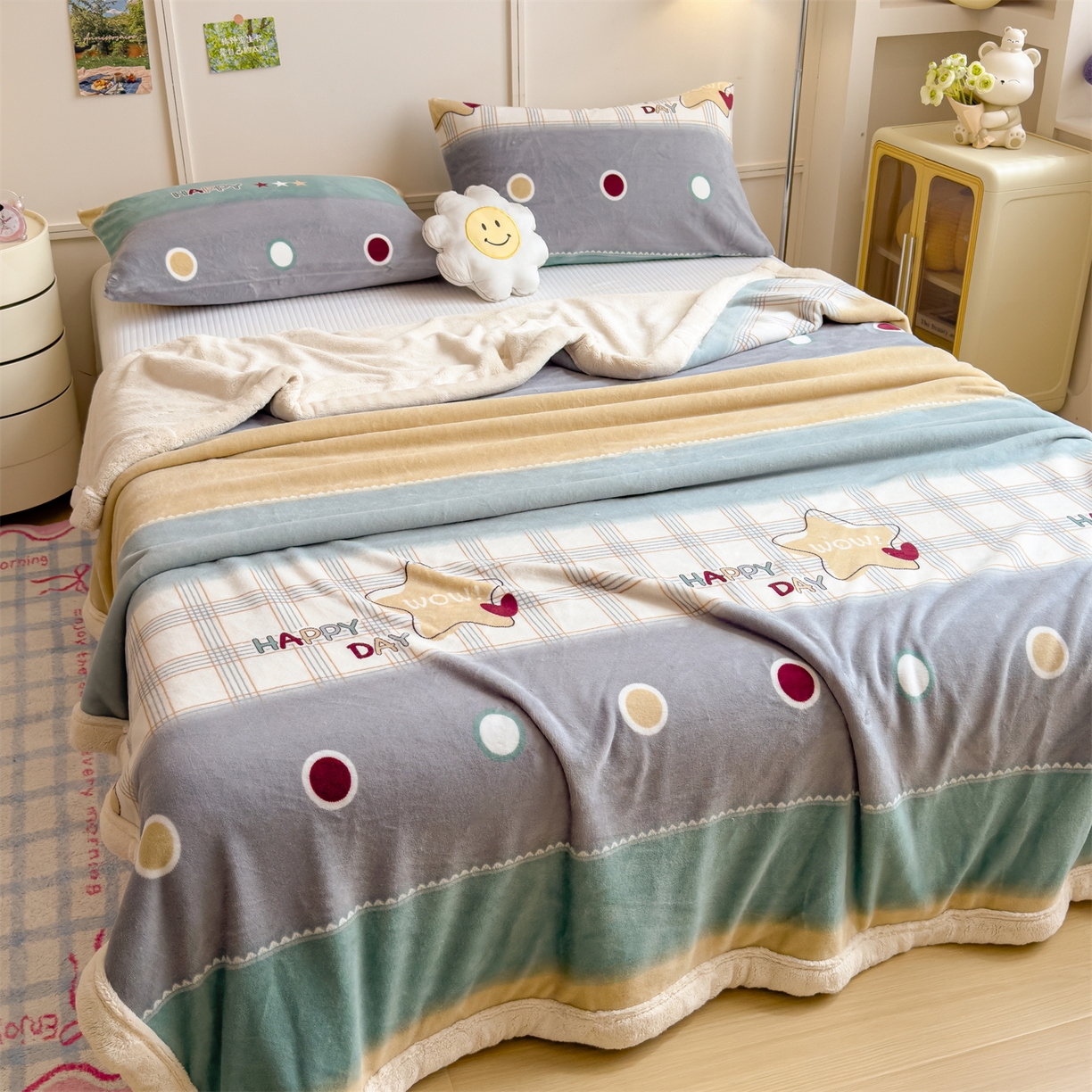 91家纺网 家纺一手货源 找家纺 慕木家纺 2025新款高克重印花牛奶绒云锦绒双层毛毯毛毯毯子（可供跨境提供买家秀） 双层毛毯-快乐时光+白