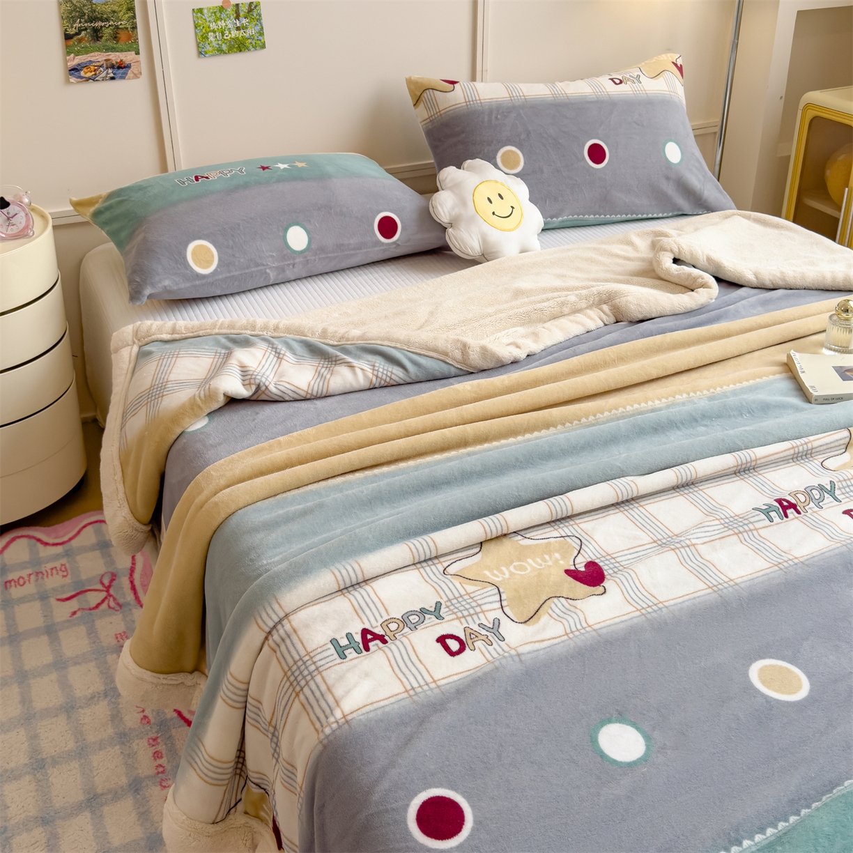 91家纺网 家纺一手货源 找家纺 慕木家纺 2025新款高克重印花牛奶绒云锦绒双层毛毯毛毯毯子（可供跨境提供买家秀） 双层毛毯-快乐时光+白