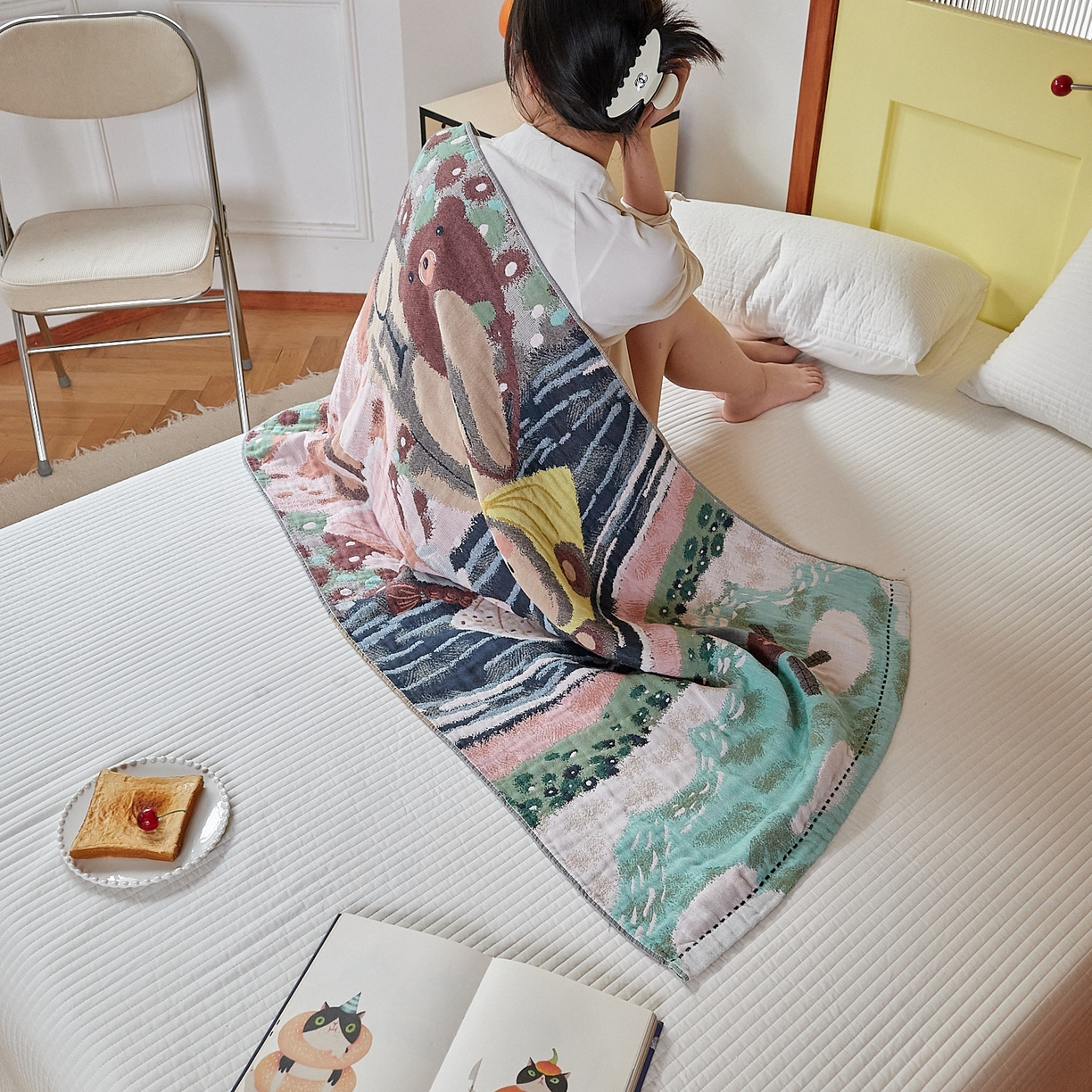 91家纺网 家纺一手货源 找家纺 沐瑟家纺 2025新款卡通A类全棉四层纱布浴巾加大毛巾-第四组 约会小熊 150*75cm